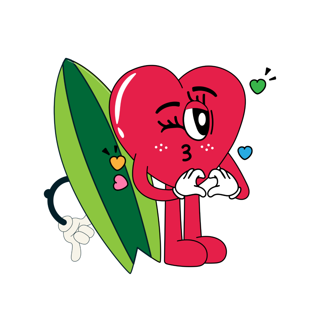 mascotte troppo bello con tavola da surf